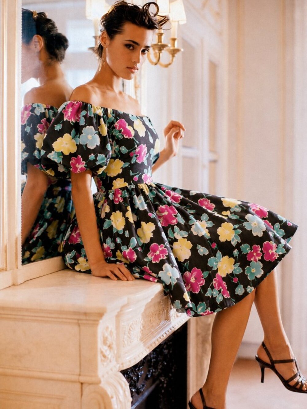 Victor Costa Saks Fifth Avenue 80s Puff Sleeve Floral Party Dress